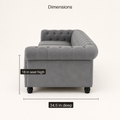 Dimensions | Side studio view labeled 34.5 inches deep and 18 inches seat high