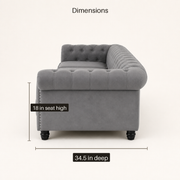 Dimensions | Side studio view labeled 34.5 inches deep and 18 inches seat high