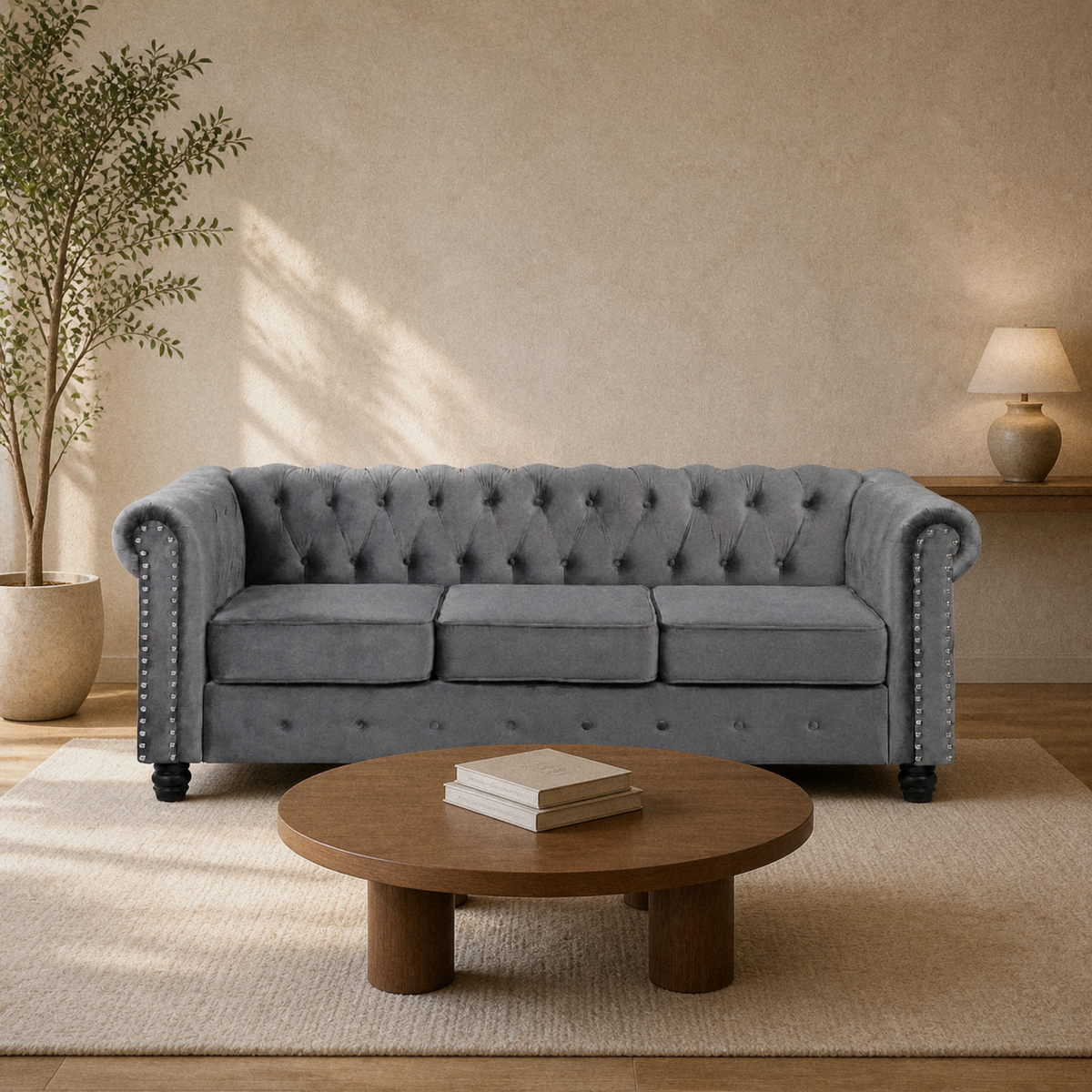 Room | Light gray velvet Chesterfield sofa in a cream living room with a walnut round table and plain ivory rug