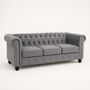 Studio | Front-left three-quarter view showing the rolled arm, nailhead trim, three cushions, and deep diamond-tufted back