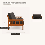 Dimensions | Side and front futon views with 31 inch sofa depth, 22 inch seat height, and 21 inch seat depth callouts