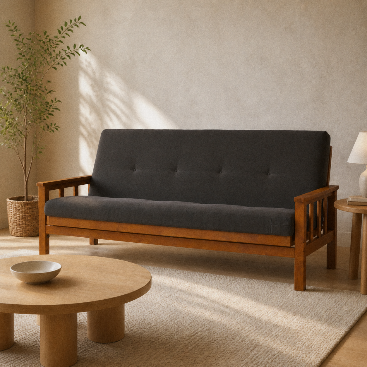 Room | Charcoal-gray futon with honey-toned slatted wood arms in a soft-greige living room with an oak coffee table, lamp, and plant