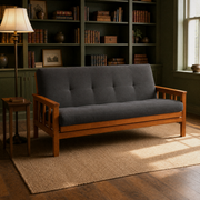 Room | Charcoal-gray futon in a dark moss-green library den with built-in shelves, side table, floor lamp, and plain rug