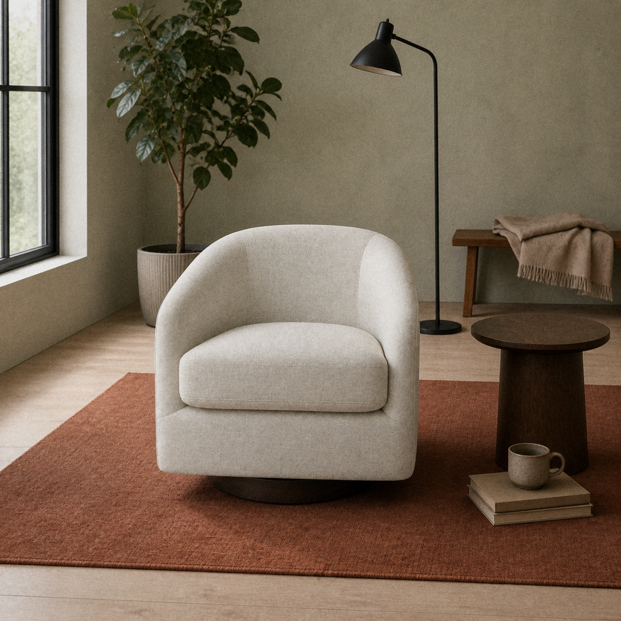 In a room | oatmeal swivel barrel chair on a rust rug in a sage reading room with black floor lamp and plant