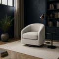 Dark room | oatmeal swivel chair on a cream rug in a navy library with clerestory window and bookshelves