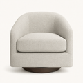 Front | oatmeal performance linen swivel barrel chair centered on an off-white studio ground
