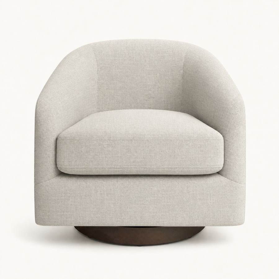 Front | oatmeal performance linen swivel barrel chair centered on an off-white studio ground