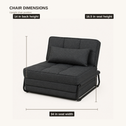 Dimensions | dimension diagram of the upright dark charcoal chair showing 34 inch seat width, 16.5 inch seat height, and 14 inch back height