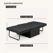 Dimensions | dimension diagram of the flat dark charcoal sleeper showing 71 inch length, 34 inch width, and 17 inch height