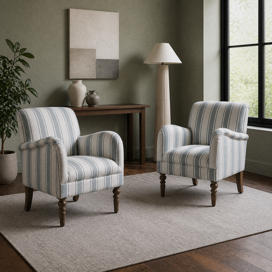 In a room | two blue-and-ivory striped armchairs in a sage living room with walnut flooring