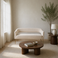Warm cream living room | Beige velvet flared loveseat with gold metal legs