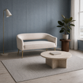 Cool coastal room | Beige velvet flared loveseat with gold metal legs