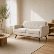 Room | Right three-quarter view of the beige linen loveseat in a bright living room