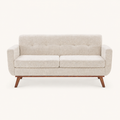 Front | Beige linen loveseat with two seat cushions, tufted back, and tapered wood legs