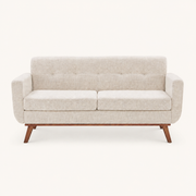 Front | Beige linen loveseat with two seat cushions, tufted back, and tapered wood legs