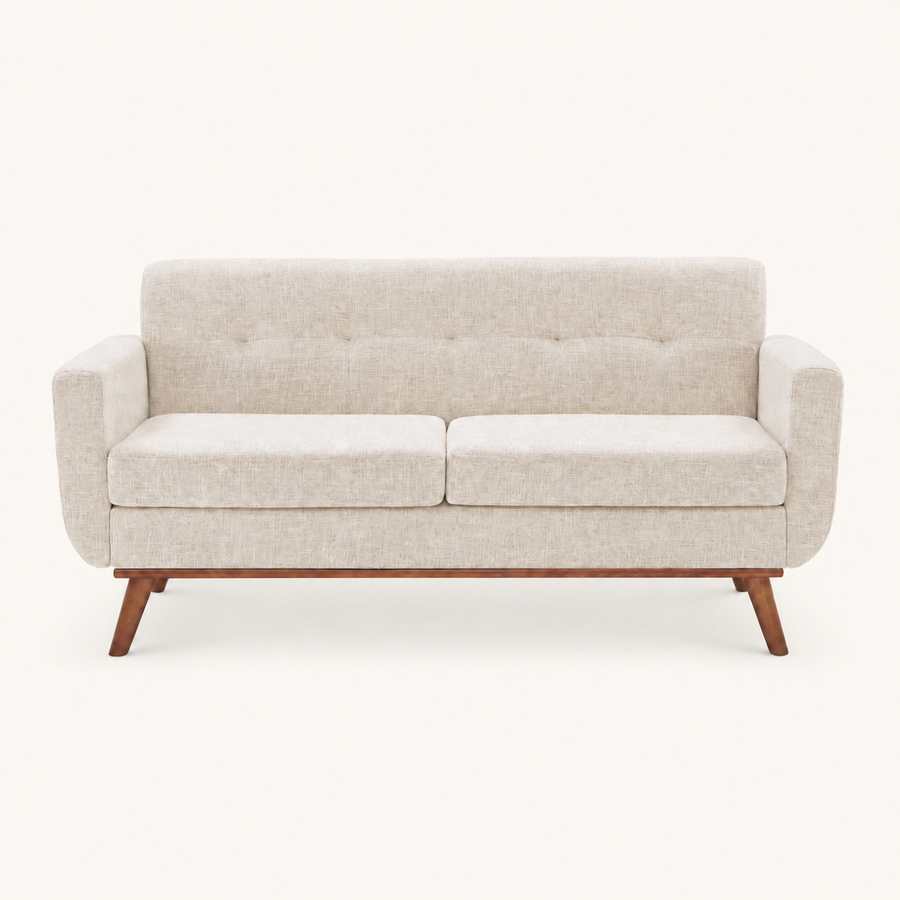 Front | Beige linen loveseat with two seat cushions, tufted back, and tapered wood legs