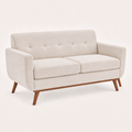 Studio | Three-quarter view of the beige linen loveseat with square arms and wood base