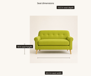 Seat dimensions | vivid lime-green loveseat showing seat width, height, and depth