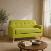 Warm sand living room | vivid lime-green tufted loveseat with rolled arms and natural birch legs