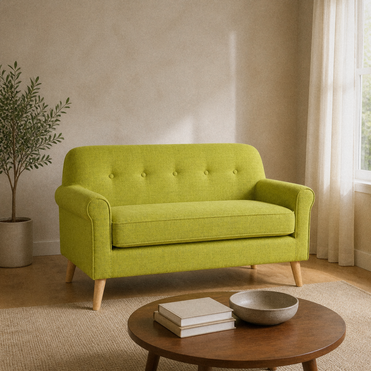 Warm sand living room | vivid lime-green tufted loveseat with rolled arms and natural birch legs