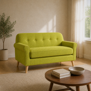 Warm sand living room angle | vivid lime-green tufted loveseat from a low front-right view