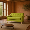 Terracotta garden room | vivid lime-green tufted loveseat with rolled arms and natural birch legs