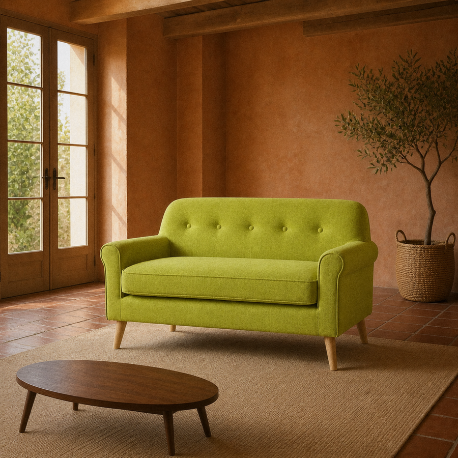 Terracotta garden room | vivid lime-green tufted loveseat with rolled arms and natural birch legs