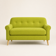 Studio front | vivid lime-green tufted loveseat with a single bench cushion and five-button back