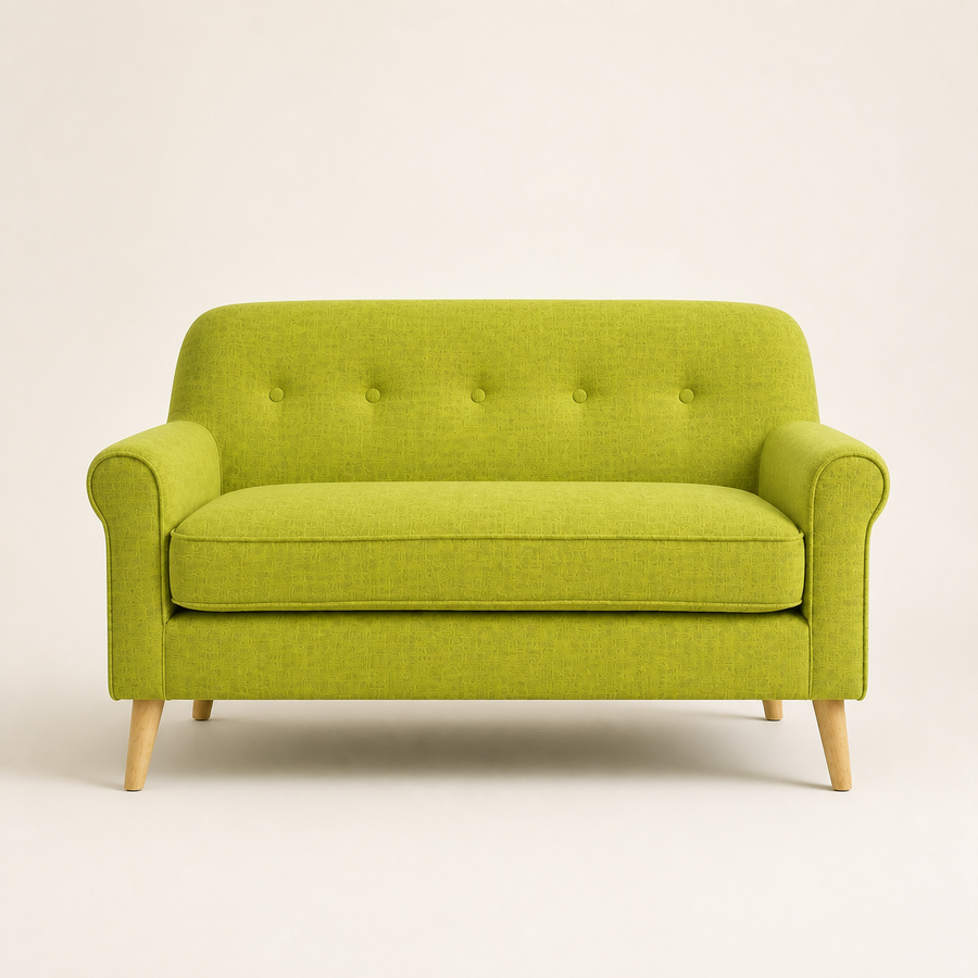 Studio front | vivid lime-green tufted loveseat with a single bench cushion and five-button back
