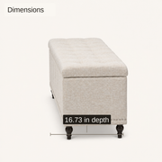Dimensions | 16.73 inch depth of the warm beige upholstered storage ottoman shown from the side