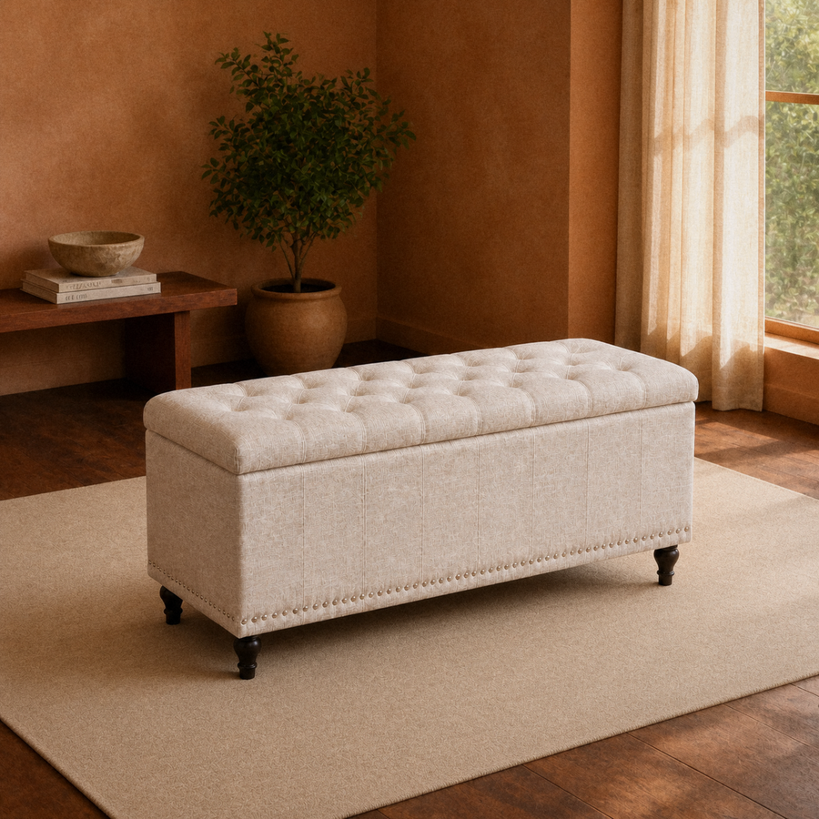 Terracotta living room | warm beige upholstered storage ottoman with a tufted lid, channel stitching and dark turned legs