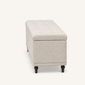 Studio side | warm beige patterned storage ottoman right-side profile showing its 16.73 inch depth and dark turned legs
