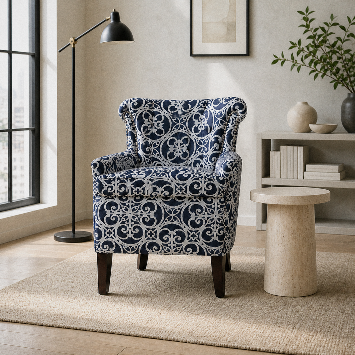 In a room | navy and ivory patterned club chair in a cool ivory city living room with a black-framed window