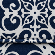 Texture | close view of the navy and ivory printed polyester weave and folded upholstery seam