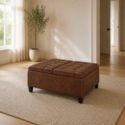 Scale | closed umber-brown faux leather ottoman with an uncropped floor-to-ceiling doorway at right