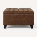Studio back | back elevation of the square umber-brown faux leather ottoman with smooth panel and two tapered legs on a warm-white ground