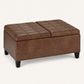 Studio three-quarter | square umber-brown faux leather ottoman showing the tufted split top, smooth side, and tapered legs on a warm-white ground