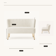 Dimensions | dimension diagram of the ivory loveseat showing 19-inch seat height, 44-inch seat width, 21-inch seat depth, and 12.5-inch back height