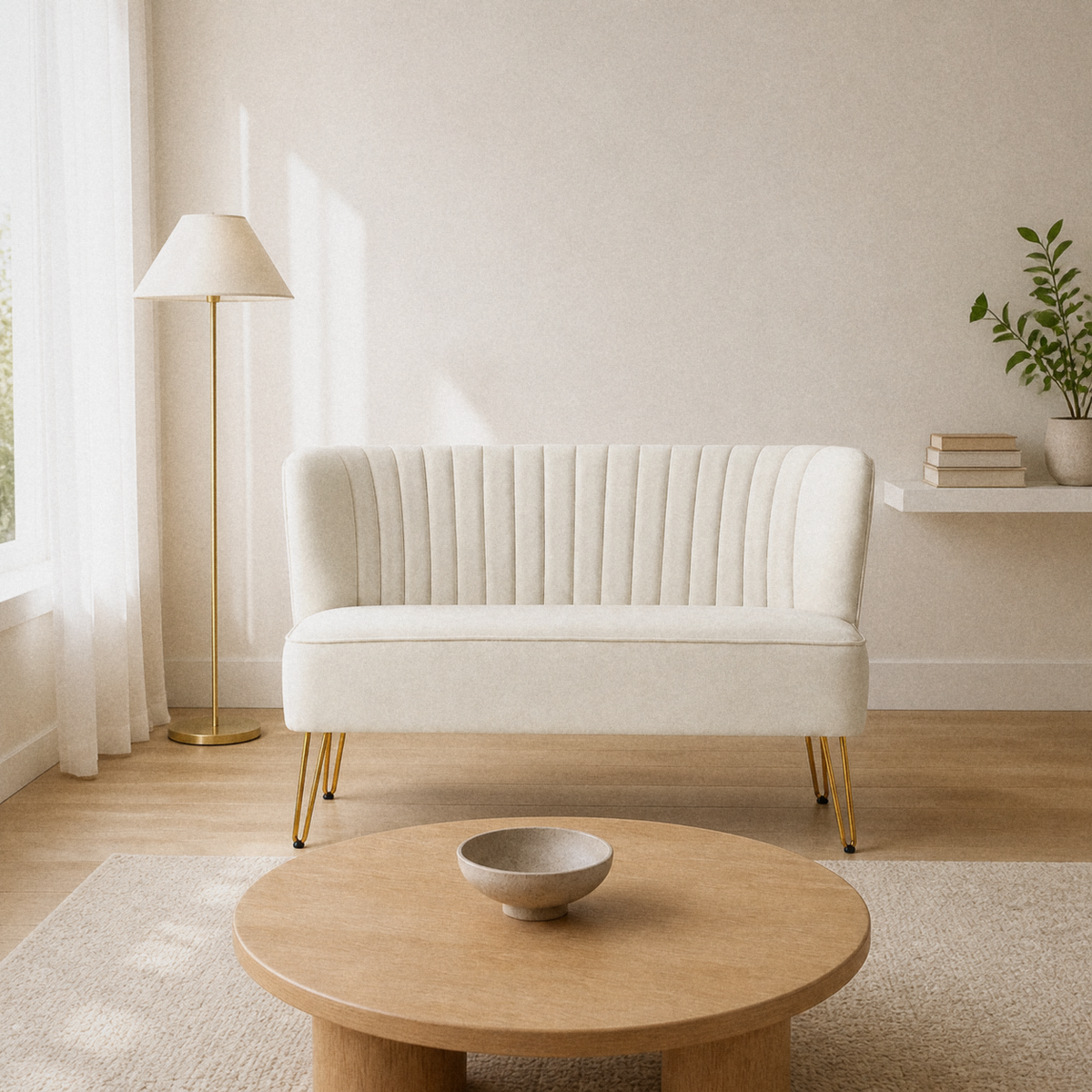 In a room | ivory velvet channel-tufted armless loveseat with gold hairpin legs in a warm-white living room