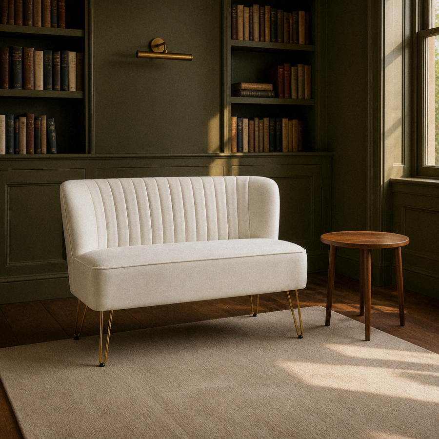 In a room | ivory velvet channel-tufted armless loveseat with gold hairpin legs in a deep olive library room