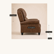 Dimensions | drawn recliner detail dimensions: 25 inch back height, 21.3 inch seat depth, 18.1 inch seat height, and 5 inch legs