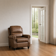 Scale view | brown faux-leather push-back recliner beside an uncropped full-height doorway
