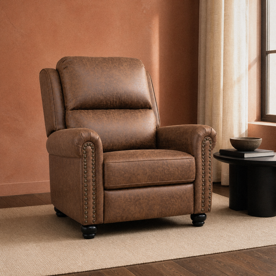 Clay room | brown faux-leather push-back recliner upright on a plain rug with rolled arms and dark nailhead rows