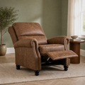 Sage room | brown faux-leather recliner reclined with upholstered footrest extended and black mechanism visible