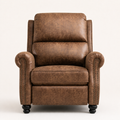 Studio front | brown mottled faux-leather push-back recliner with two padded back cushions, rolled arms, dark nailheads, and black turned bun feet