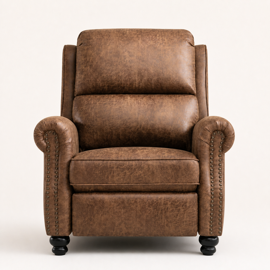 Studio front | brown mottled faux-leather push-back recliner with two padded back cushions, rolled arms, dark nailheads, and black turned bun feet