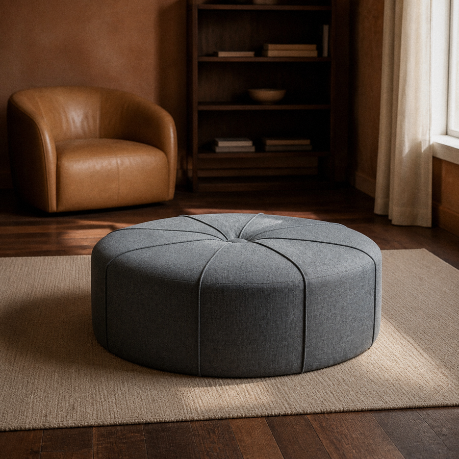 In a room | terracotta reading room with the oval ottoman on a plain oatmeal rug
