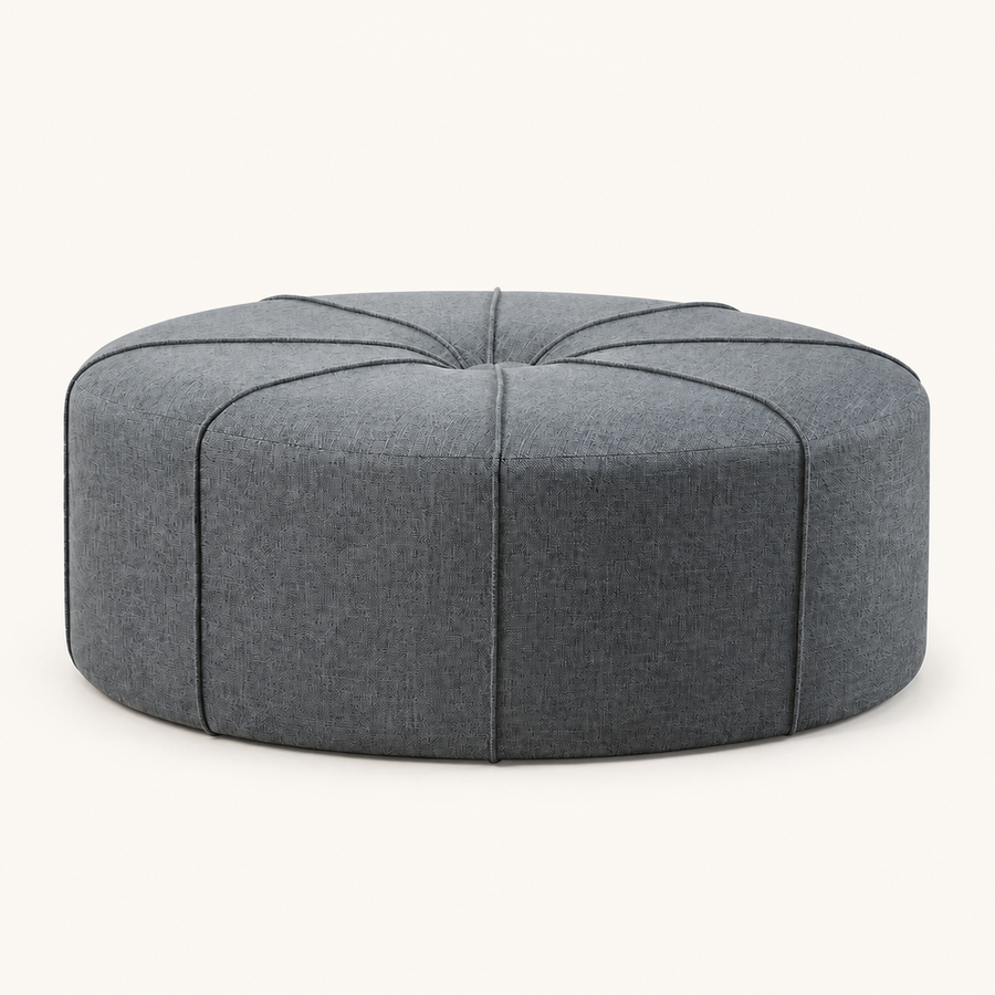 Front | front studio view of the slate gray-blue eight-panel corded ottoman