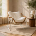 Warm greige reading room | white metal rocking chair with a honey wicker rim and cream boucle cushion