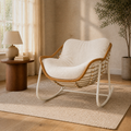 Warm greige reading room | opposite angle of the white metal rocking chair